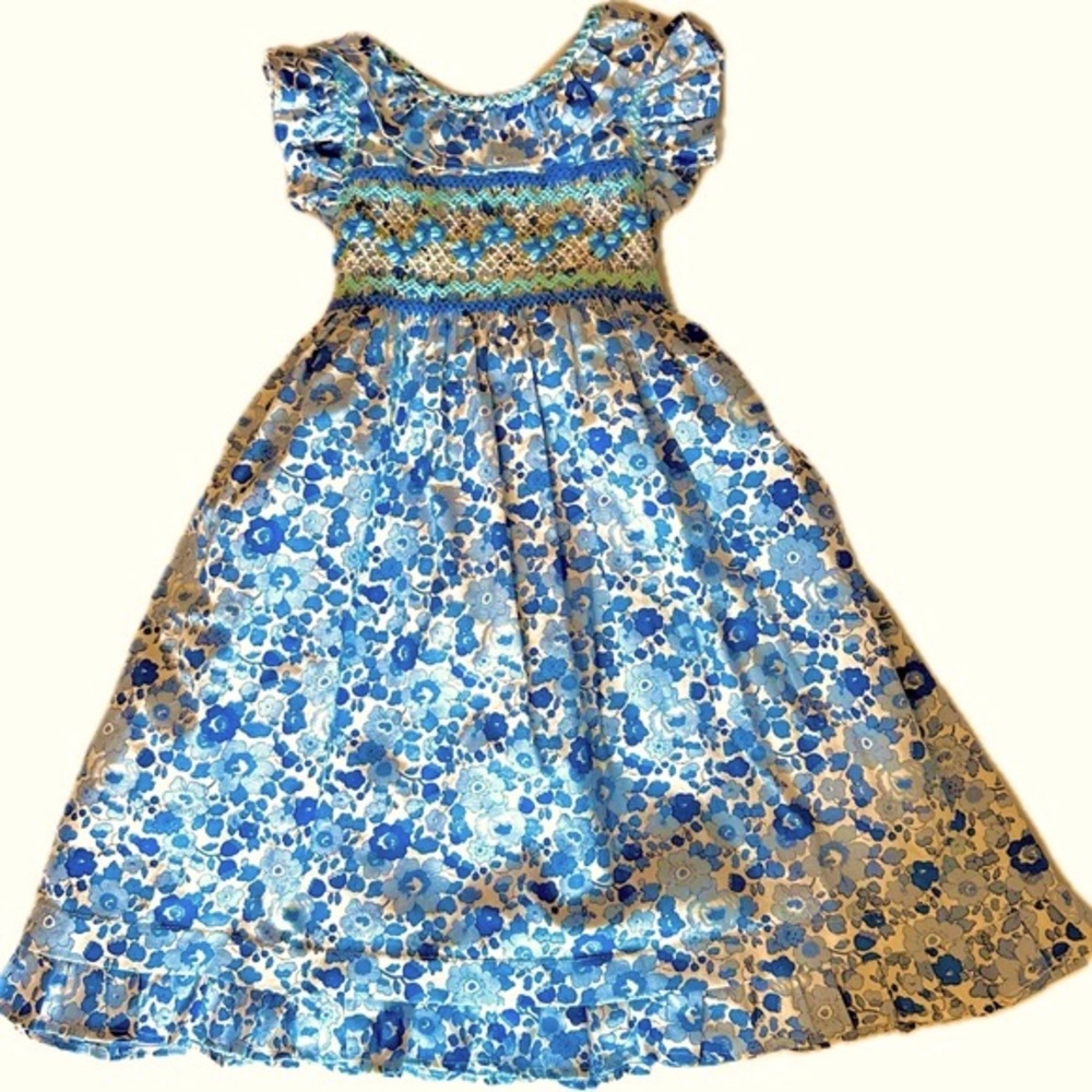 Baby/Toddler Girl Blue Floral Knit Smocked Dress-Ruffle Collar/Hem, NWT
